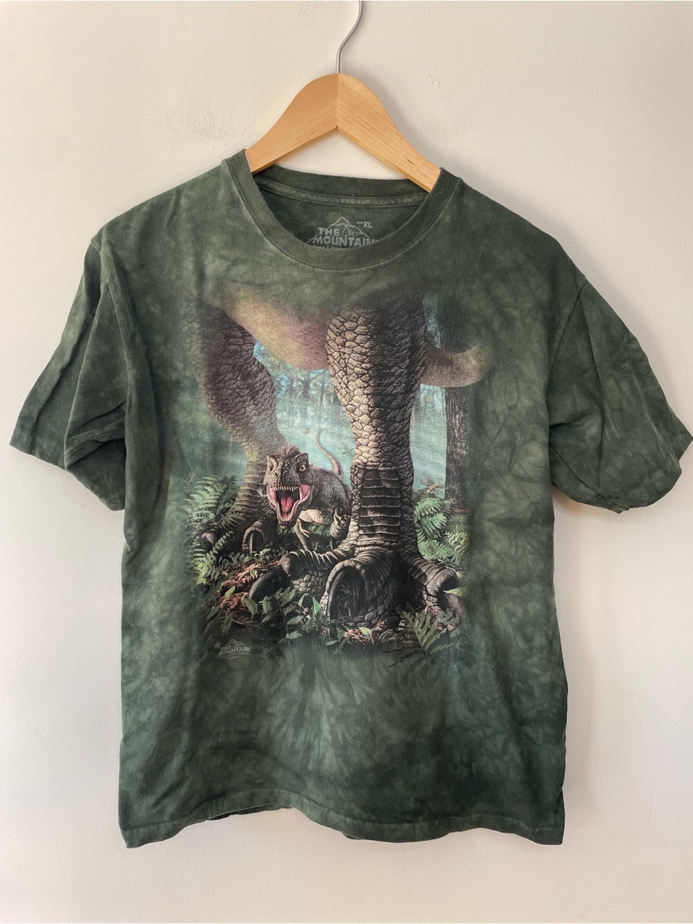The Mountain Tee T-Shirt Kids Short Sleeve T-Rex Dinosaur Tie Dye Green Youth XL